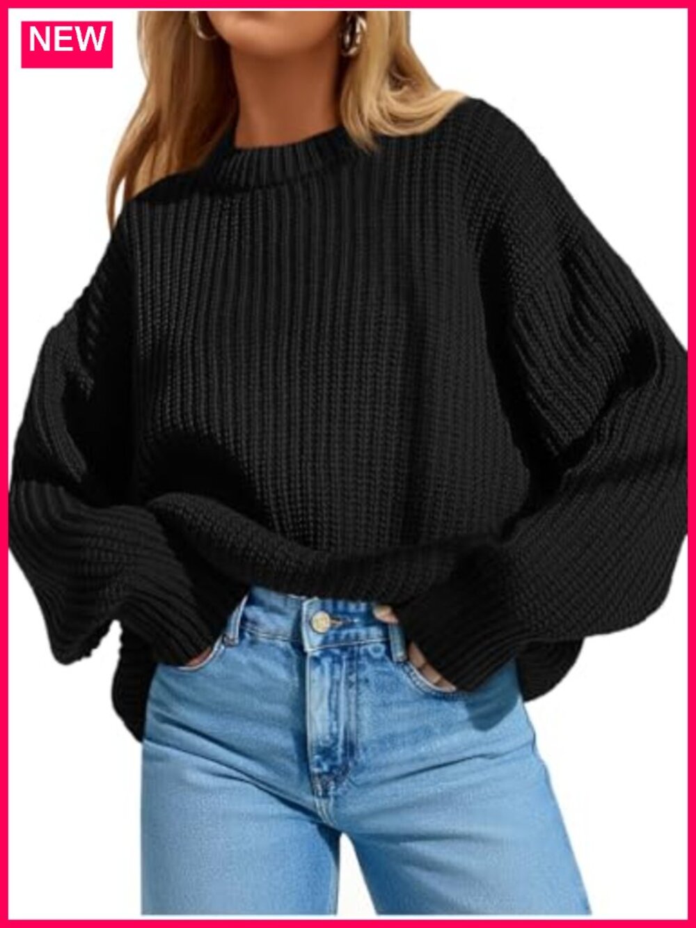 Women's Oversized Chunky Knit Crewneck Pullover Sweater, Batwing Sleeve Fall Top